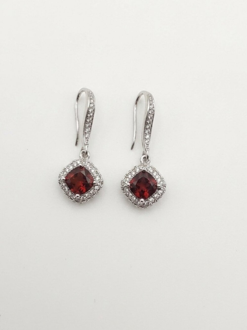 Cushion-Cut Red CZ & Crystal Halo Drop Earrings
